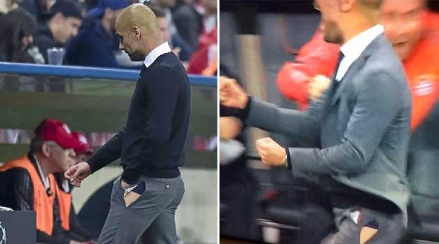 Guardiola trong sự cố rách quần tại Allianz
Arena rạng sáng nay