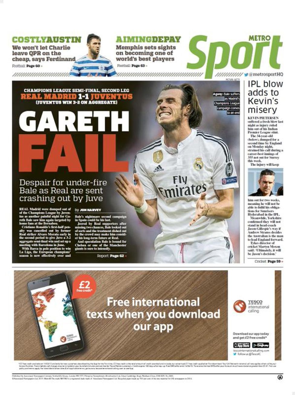Báo giới xứ Catalan hả hê trước thất bại của Real Madrid - 2 Tờ Metro chơi chữ với dòng tít “Gareth Fail”