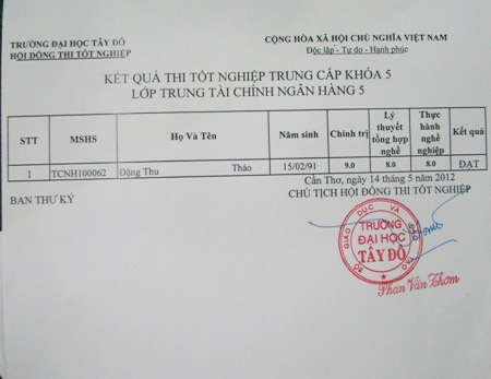 Hoa hậu Thu Thảo không kịp về trường nhận bằng tốt nghiệp Trung cấp - 2 Bảng điểm tốt nghiệp Trung cấp loại Khá của Đặng Thu Thảo.
