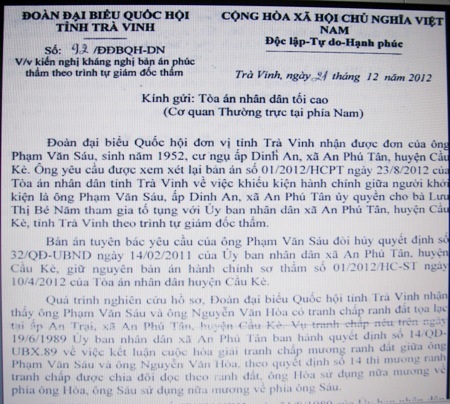 Kiến nghị TAND Tối cao kháng nghị bản án phúc thẩm - 1 Văn bản kiến nghị kháng nghị bản án phúc thẩm của Đoàn ĐBQH tỉnh Trà Vinh gửi TAND Tối cao.