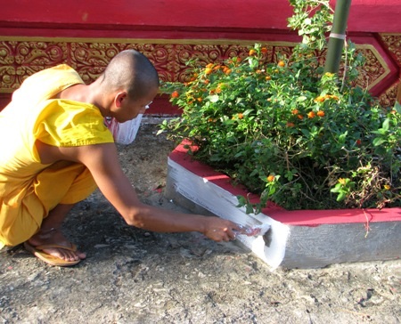 Chiêm ngưỡng vẻ đẹp đặc sắc ngôi chùa Phật giáo Khmer - 15 Nhà sư đang trang trí cho chậu hoa trong chùa.