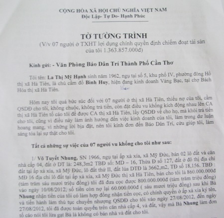 Đơn tường trình vụ việc của bà La Thị Mỹ Hạnh gửi báo Dân trí.