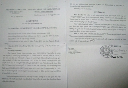 Quyết định giải oan cho ông Trung của Viện KSND tỉnh Hậu Giang.