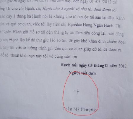 Đơn tố cáo của bà Phượng ký chữ thập...