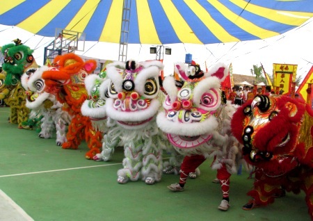Sôi nổi những màn biểu diễn lân sư rồng mừng năm mới - 1 Lân sư cùng hội hụ.