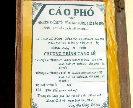 Bảng cáo phó báo in cháu Khang mất.