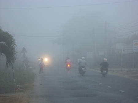 Sương mù xuất hiện dày đặc ở Sóc Trăng sáng ngày 7/2. (Ảnh: Bạch Dương)