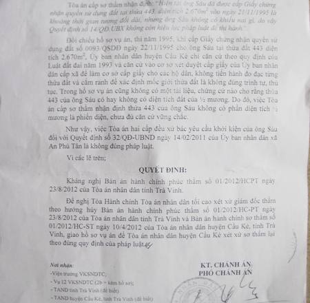 Kháng nghị của Chánh án TANDTC đối với vụ án kiện QĐ32 của ông Phạm Văn Sáu.