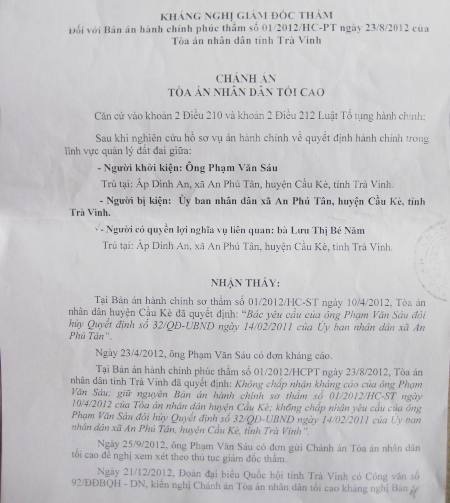 Kháng nghị của Chánh án TANDTC đối với vụ án kiện QĐ32 của ông Phạm Văn Sáu.