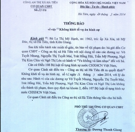 Thông báo của Công an TX Hà Tiên về việc không khởi tố vụ án hình sự.