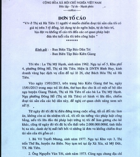 Đơn tố cáo vụ bị vu khống của bà Hạnh gửi báo Dân trí.