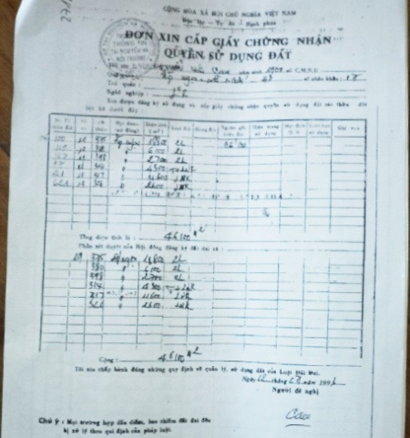 Đơn xin cấp sổ đỏ của ông Cam.