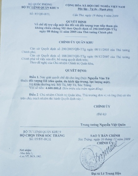 Quyết định trợ cấp của Bộ Tư lệnh QK9 đối với ông Từ.