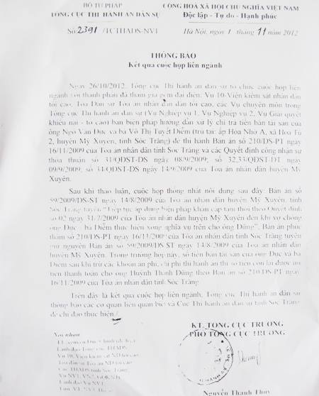 Sóc Trăng: Án đã tuyên, tiền đã có, sao khó thi hành ? - 1 Có văn bản ý kiến chỉ đạo của Tổng cục THADS nhưng cơĠquan THADS Sóc Trăng vẫn không thực hiện.
