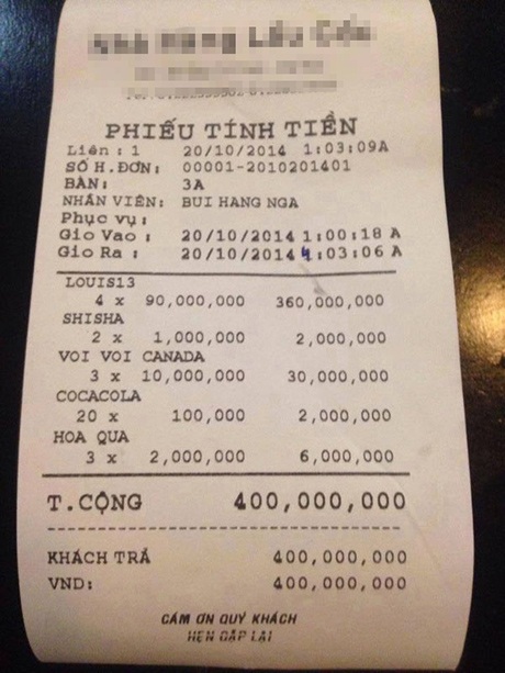 Một trong số những tờ hóa đơn đi bar trăm triệu khiến dân mạng mắt tròn mắt dẹt