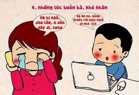 Bộ tranh về sự khác biệt giữa yêu xa và yêu gần - 4 Những lúc khó khăn, buồn bã chỉ có thể động viên nhau bằng lời nói