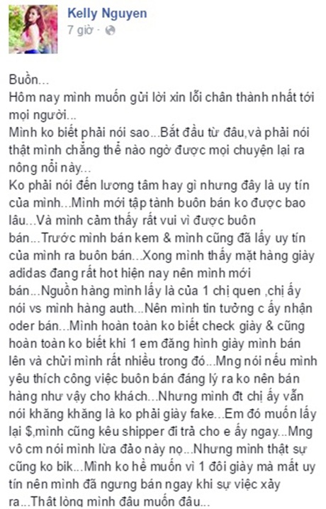 Bị tố bán giày nhái, hot girl Kelly Nguyễn đổ lỗi do "tin tưởng" - 4 Cô phân trần trên Facebook sau khi bị tố cáo