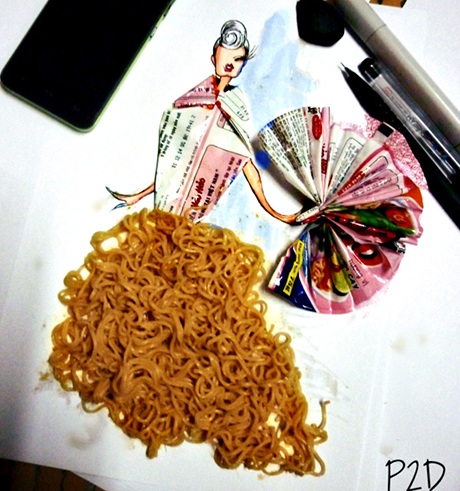 Thiết kế thời trang "độc" từ vỏ trái cây của nam sinh Cà Mau - 9 Và cả mì tôm cũng thành chất liệu sáng tạo