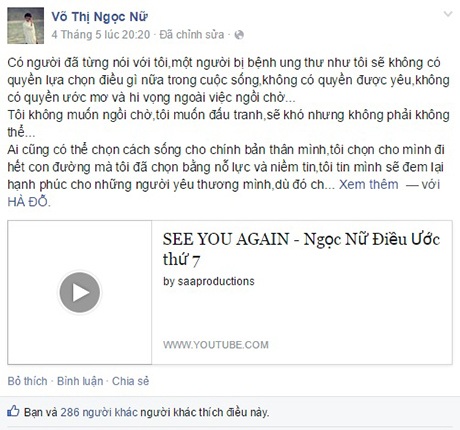 Ngọc Nữ chia sẻ clip này trên Facebook cá nhân