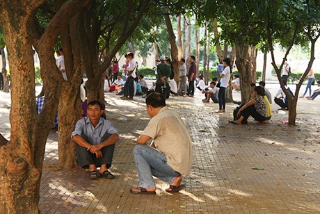 Phụ huynh ngồi dưới bóng cây đợi con