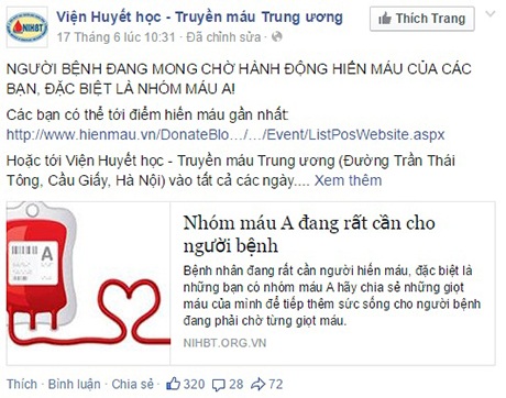 Cộng đồng mạng chung tay kêu gọi hiến máu cứu người - 7 Thông tin về tình hình khan hiếm máu trên Facebook của Việc Huyết học