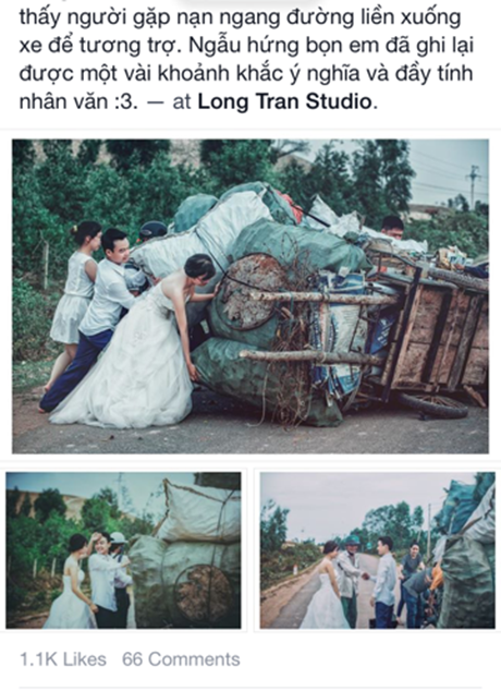 Ảnh cô dâu chú rể giúp đẩy xe đồng nát gây sốt trên mạng
