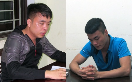 Khởi tố 3 kẻ nổ súng bắn 1 phụ nữ tử vong - 2 Hai đối tượng Hoàng Văn Mạnh (bên trái) và Trần Quốc Đạt tại cơ quan điều tra.