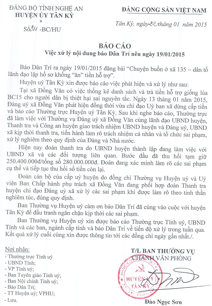 Báo cáo của Huyện ủy Tân Kỳ gửi báo Dân trí về vụ việc: Chuyện buồn ở xã 135.