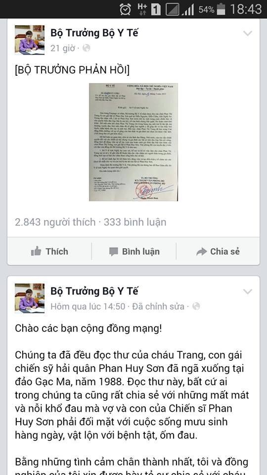 Bức tâm thư con gái liệt sỹ Gạc Ma gửi Bộ trưởng Y tế - 5 Nữ Bộ trưởng Bộ Y tế đã có phản hồi tới em Trang trên Facebook.