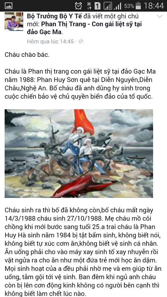 Bức tâm thư con gái liệt sỹ Gạc Ma gửi Bộ trưởng Y tế - 3 Bức thư của Trang viết trên trang Facebook của mình gửi Bộ trưởng Bộ Y tế.