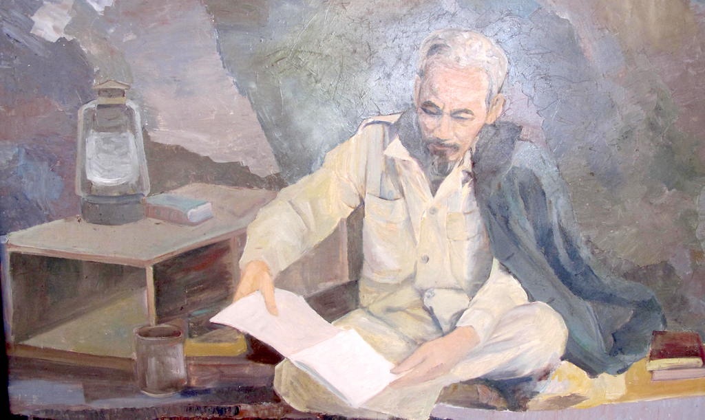 Bác Hồ đọc sách (Ảnh chất
liệu sơn dầu).