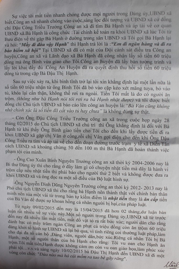 Đơn tố cáo của bà Nguyễn Thị Vân gửi các cơ quan chức năng.  