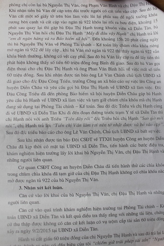 Kết luận của cơ quan chức năng cho rằng không có căn cứ kết luận vụ trộm cắp tài sản.