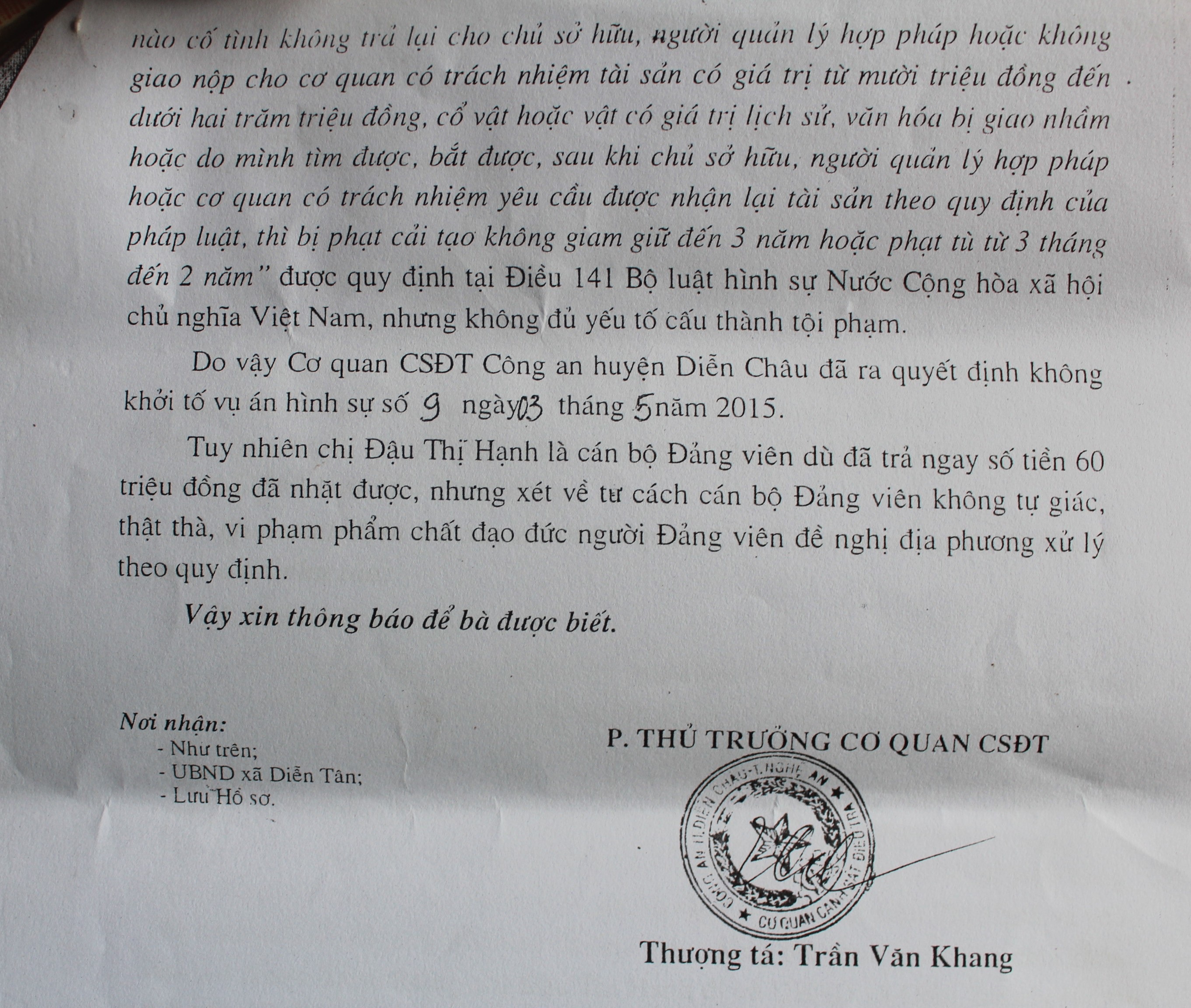  Kết luận của Công an huyện Diễn Châu về sự việc.