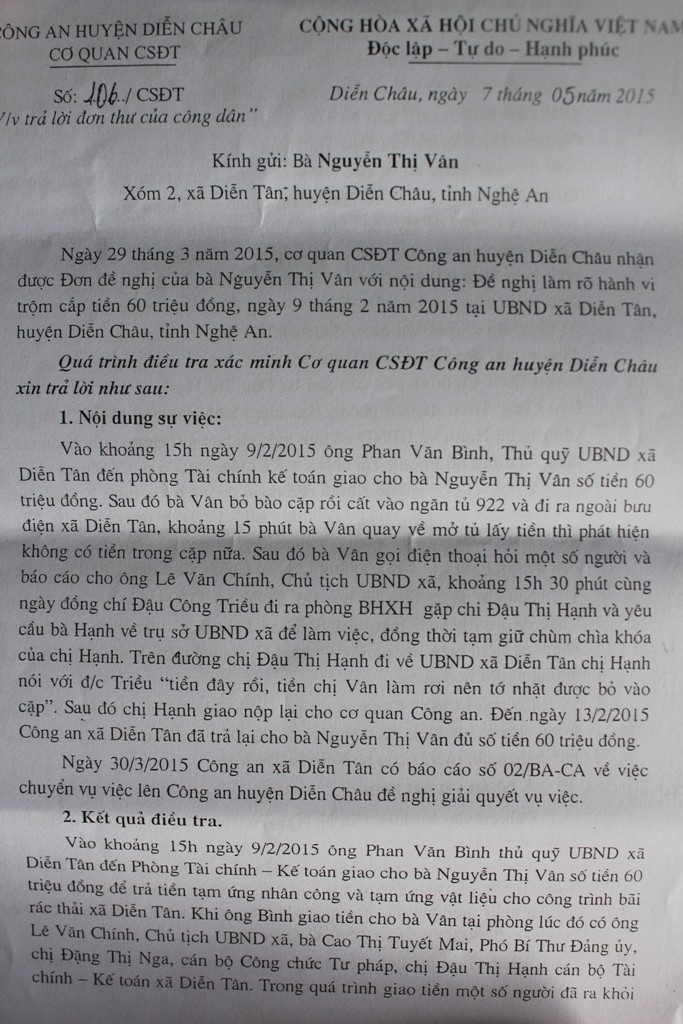  Kết luận của Công an huyện Diễn Châu về sự việc.