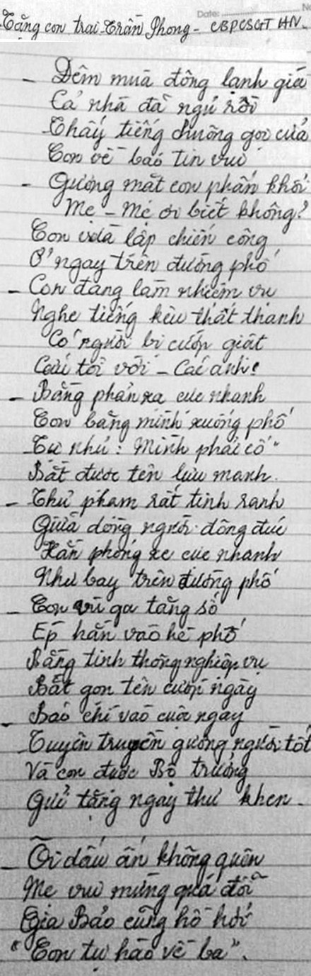 Bài thơ tặng con của mẹ Đại úy Trần Phong.