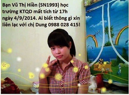 Thông tin đăng tải về việc nữ sinh viên Vũ Thị Hiền đang bị mất tích.