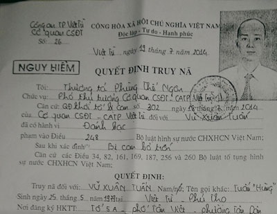 Bắt đối tượng cộm cán chém người trên sông Lô - 1 Lệnh truy nã đối với Vũ Xuân Tuấn (tức Tuấn Hùng).