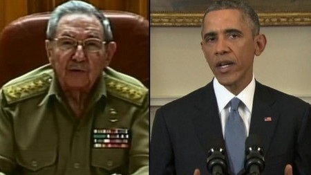Chương mới trong quan hệ Mỹ - Cuba sau nửa thế kỷ "đóng băng" - 1 Chủ tịch Cuba Raul Castro và Tổng thống Mỹ Barack Obama cung lúc tuyên bố bình thường hóa quan hệ