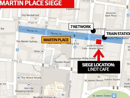 Không khí nghẹt thở quanh hiện trường vụ bắt cóc con tin tại Sydney - 5 Bản đồ tuyến phố Martin Place và vị trí quán cà phê.