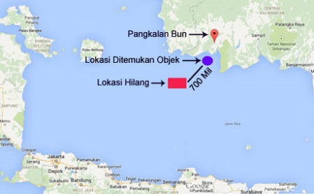 Phát hiện vật thể nghi vấn trong vùng tìm kiếm máy bay AirAsia - 1 Vị trí phát hiện vật thể cách điểm máy bay mất liên lạc chừng 700 dặm (1.120 km)