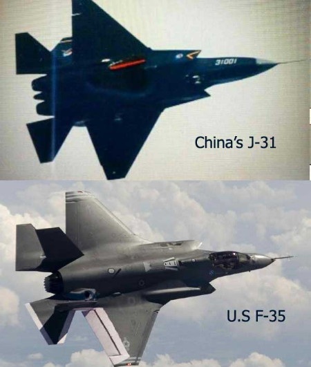Thiết kế chiến đấu cơ F-35 của Mỹ bị gián điệp Trung Quốc đánh cắp - 1 Hình ảnh so sánh mẫu F-35 của Mỹ (trên) và F-31 Trung Quốc có nhiều điểm giống nhau.
