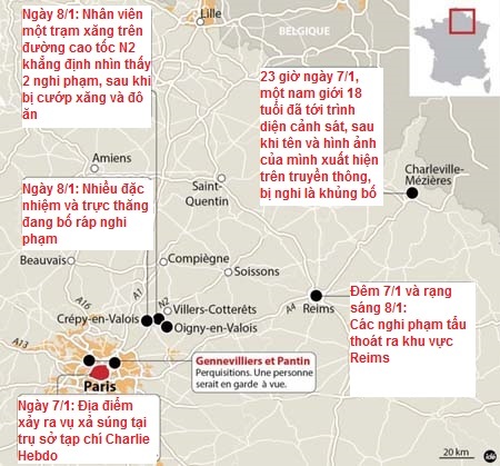 Đặc nhiệm Pháp ráo riết săn lùng nghi phạm khủng bố tại Bắc Paris - 3 Bản đồ các vị trí có tung tích nghi phạm (Ảnh: