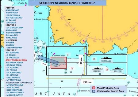 Thủy phi cơ Nga đến Indonesia tìm hộp đen QZ8501 - 2 Khu vực ô màu đỏ là nơi đã tìm thấy các mảnh vỡ lớn