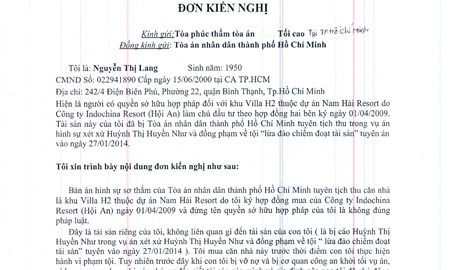 Đơn kiến nghị của bà Nguyễn Thị Lang
