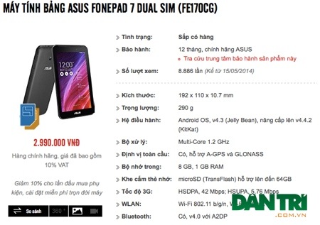 Asus bán tablet 2 SIM và 3G giá dưới 3 triệu đồng - 1 Một chuỗi bán lẻ tại TPHCM niêm yết giá bán dành cho tablet mới của Asus.