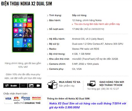 Một nhà bán lẻ công bố giá dự kiến của Nokia X2. 