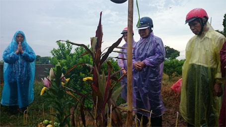 Vụ Cát Tường: Đã xác định được “chất lạ” dính trên thi thể chị Huyền - 1 Bố mẹ đẻ chị Huyền đội mưa thắp hương nhận mộ con