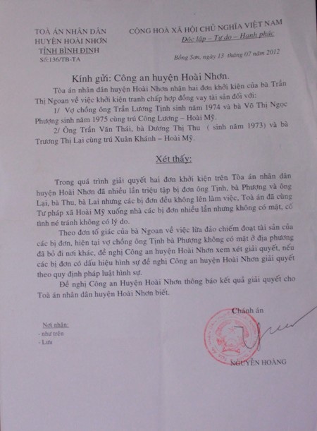 Xôn xao những vụ vỡ nợ dây chuyền tiền tỷ - 5 Trả lời của TAND huyện Hoài Nhơn gửi CA huyện Hoài Nhơn