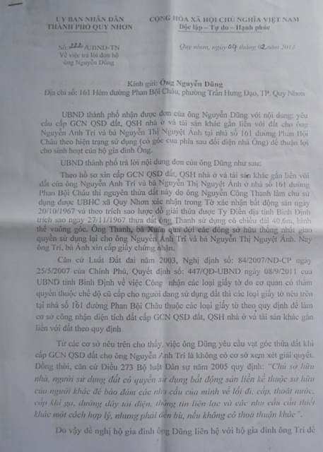 Công văn số 222 trả lời đơn thư của ông Nguyễn D